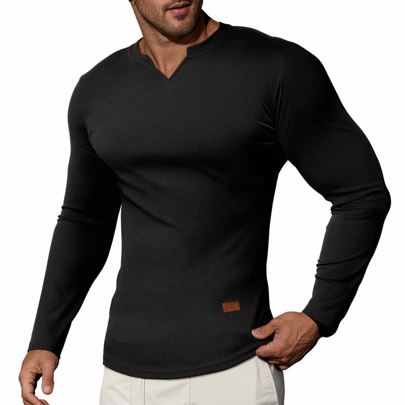 Men's Plain Casual Muscle Shirts for Men Slim Fitted T Shirt V-Neck Longline Ribbed Tees Shirts Long Sleeve Gym Workout Athletic Menswear Tops,Men's clothing for Daily Wear,Fashion Outfits 2025
