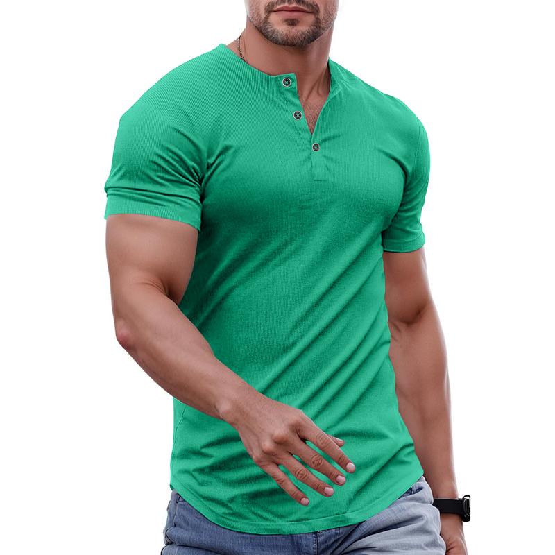 Men's Plain Muscle Slim Fitted Henley Shirts Crewneck Longline T-Shirt Gym Workout Athletic Shirt Tees with Button Menswear Casual Tops,Men's Classic Streetwear Clothing for Daily Wear,Fall Fashion Outfits 2025
