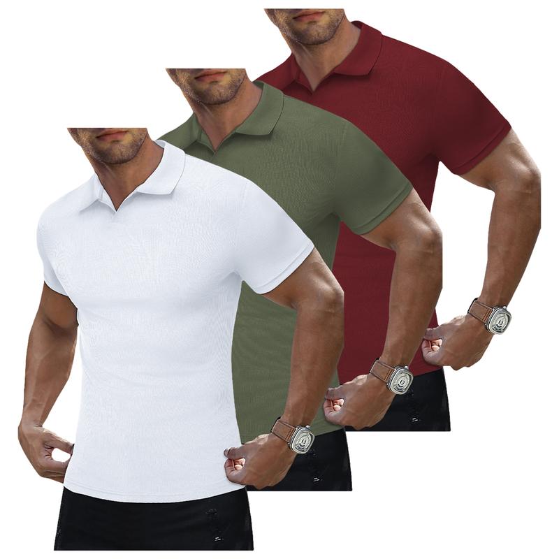 Men's Muscle V Neck Polo Shirts Casual Short Sleeve Slim Fit Ribbed Golf T Shirt Athletic Tee 