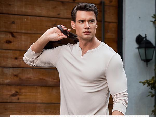 Men's Plain Casual Muscle Shirts for Men Slim Fitted T Shirt V-Neck Longline Ribbed Tees Shirts Long Sleeve Gym Workout Athletic Menswear Tops,Men's clothing for Daily Wear,Fashion Outfits 2025