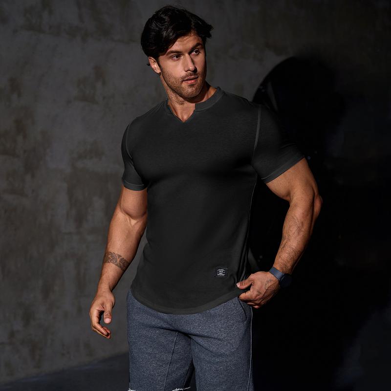 Men's Plain Muscle Slim Fitted T Shirt Polyester V-Neck Longline Shirt Gym Workout Athletic Tee Shirts Menswear Casual Tops,Short Sleeve T-Shirt for Daily Outdoor Wear,Men's Streetwear Outfits