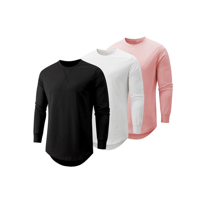 Mens 3 Pack Cotton Hipster Hip Hop Longline Crewneck Sport T-Shirt, Menswear Casual Top for Outdoor Daily Wear