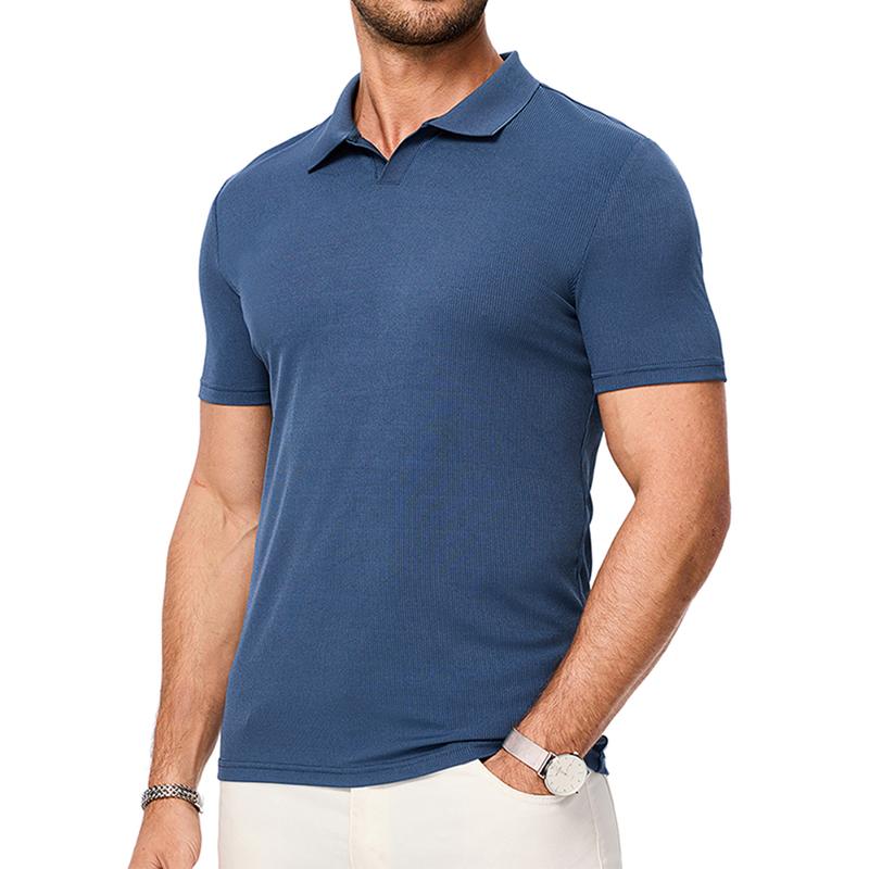 Men's Muscle V Neck Polo Shirts Casual Short Sleeve Slim Fit Ribbed Golf T Shirt Athletic Tee 