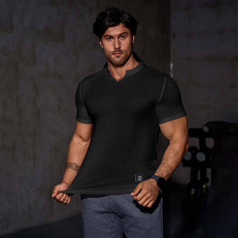 Men's Plain Muscle Slim Fitted T Shirt Polyester V-Neck Longline Shirt Gym Workout Athletic Tee Shirts Menswear Casual Tops,Short Sleeve T-Shirt for Daily Outdoor Wear,Men's Streetwear Outfits