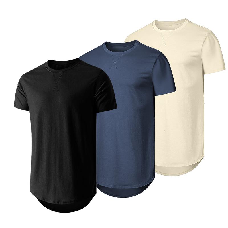 Mens 3 Pack Cotton Hipster Hip Hop Longline Crewneck T-Shirt,Menswear Casual Tshirt Tops,TikTokShopfalldealsforyou